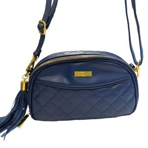 Joy & Iman Quilted Leather Crossbody Bag,Double Zip, Blue, Tassel  NEW